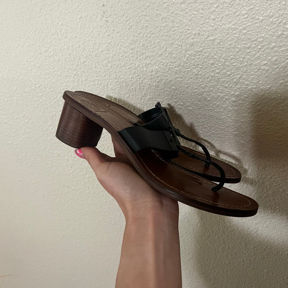 Tory Burch Black Leather Tumbled Moore Thong Heeled Sandals WOMENS 8.5